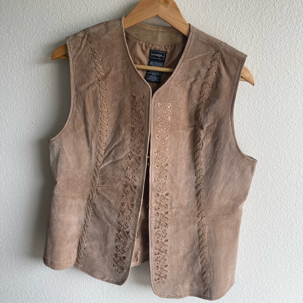 Outbrook Women's Tan Leather Vest Vintage 1990s With Polyester Lining Size L